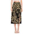 Scandinavian Viking Dragon Print Side Slit Midi Skirt