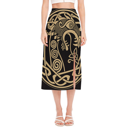 Scandinavian Viking Dragon Print Side Slit Midi Skirt