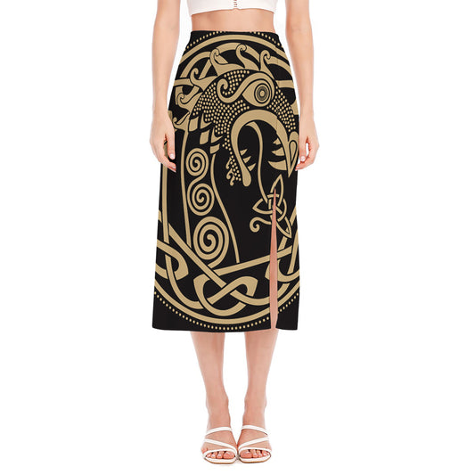 Scandinavian Viking Dragon Print Side Slit Midi Skirt