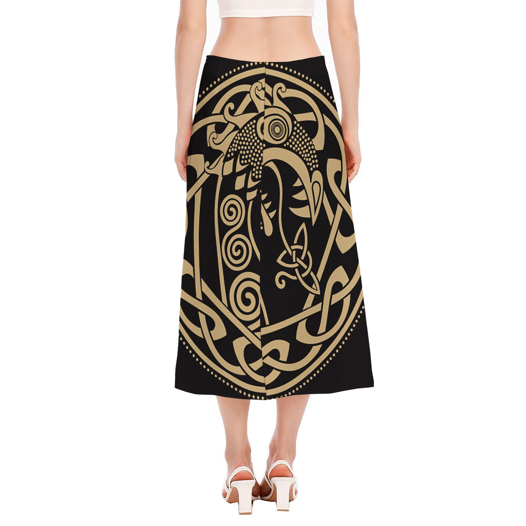 Scandinavian Viking Dragon Print Side Slit Midi Skirt
