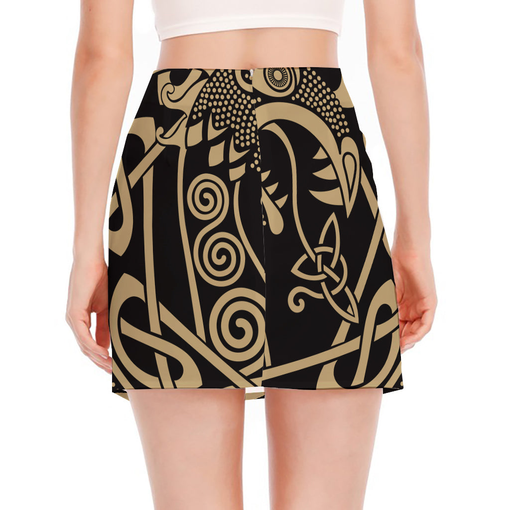 Scandinavian Viking Dragon Print Side Slit Mini Skirt