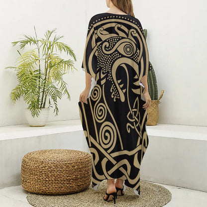 Scandinavian Viking Dragon Print Silk V-Neck Kaftan Dress