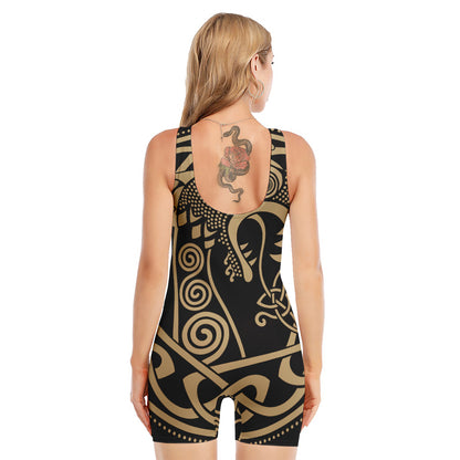 Scandinavian Viking Dragon Print Sleeveless One Piece Swimsuit