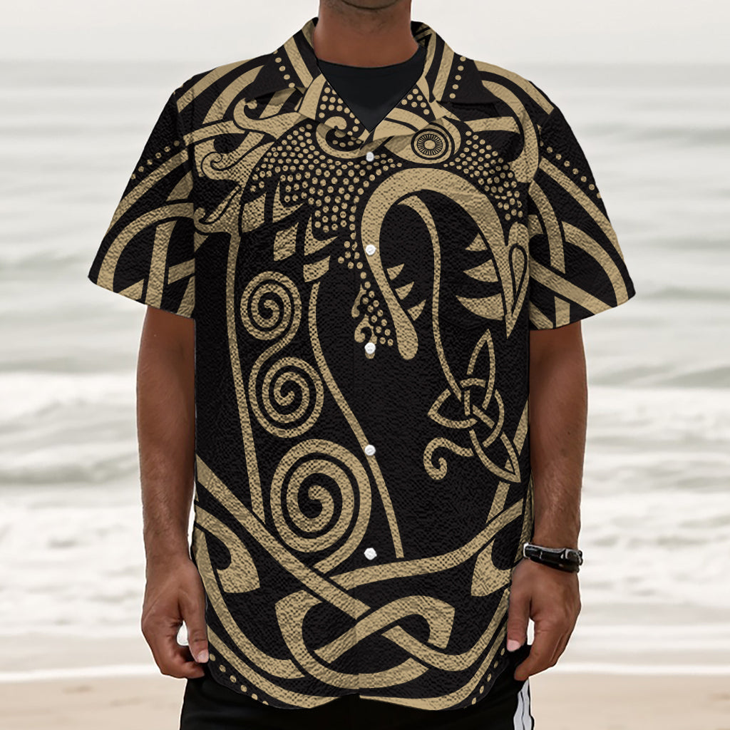 Scandinavian Viking Dragon Print Textured Short Sleeve Shirt