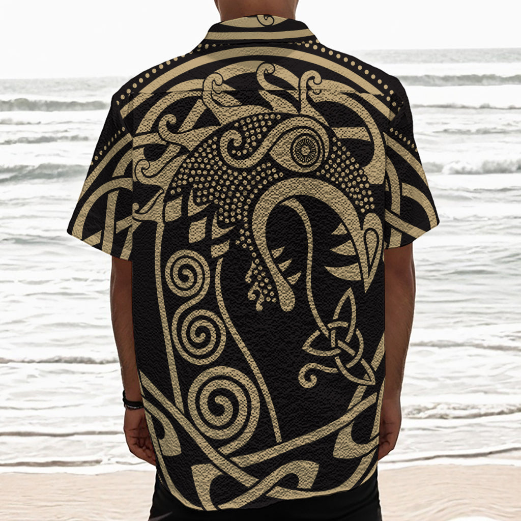 Scandinavian Viking Dragon Print Textured Short Sleeve Shirt