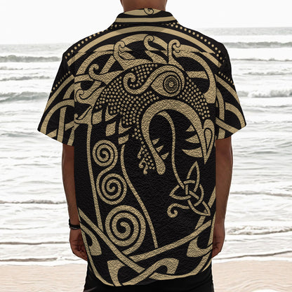 Scandinavian Viking Dragon Print Textured Short Sleeve Shirt