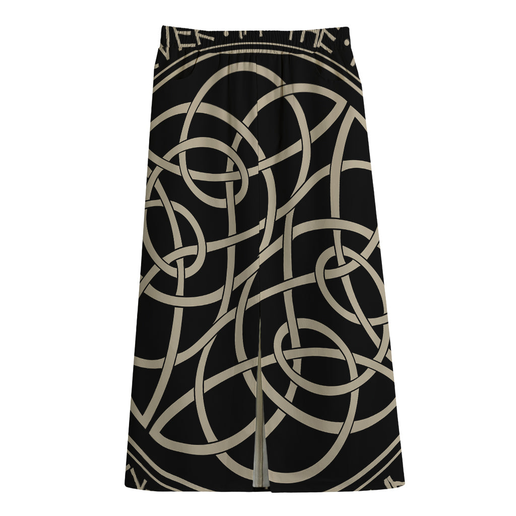 Scandinavian Viking Symbol Print Cotton Front Slit Maxi Skirt