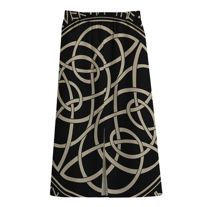 Scandinavian Viking Symbol Print Cotton Front Slit Maxi Skirt