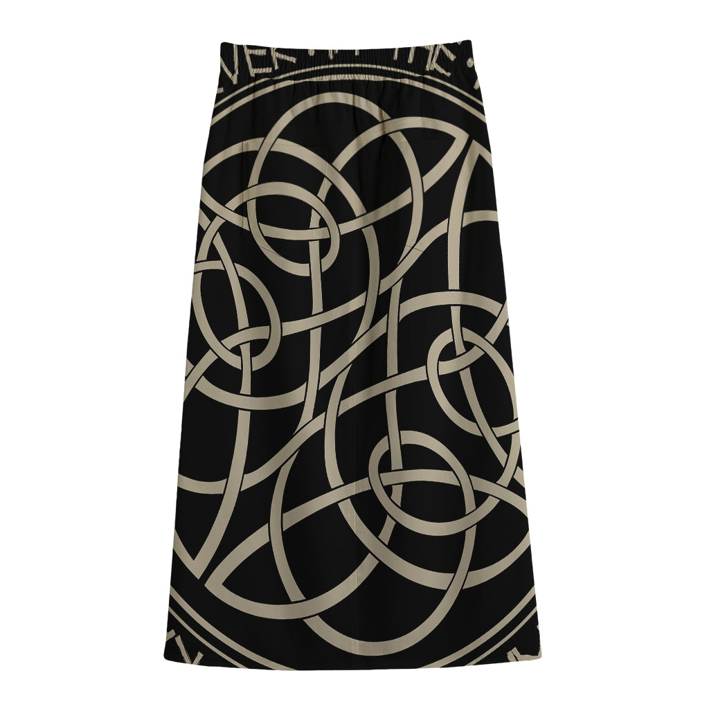 Scandinavian Viking Symbol Print Cotton Front Slit Maxi Skirt
