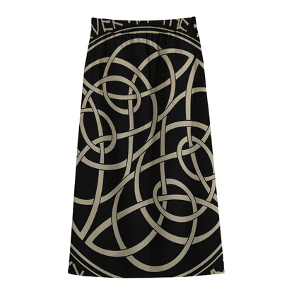 Scandinavian Viking Symbol Print Cotton Front Slit Maxi Skirt