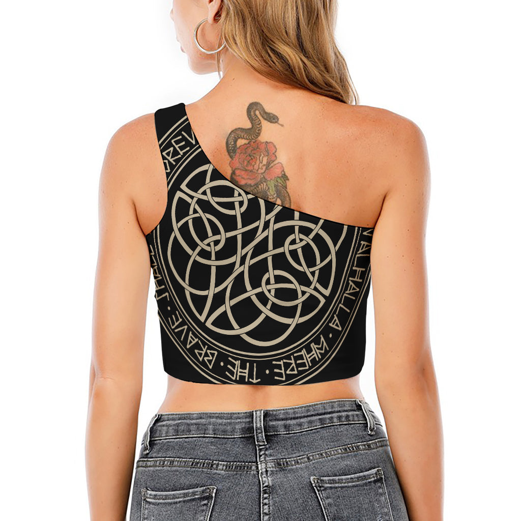 Scandinavian Viking Symbol Print One Shoulder Crop Top