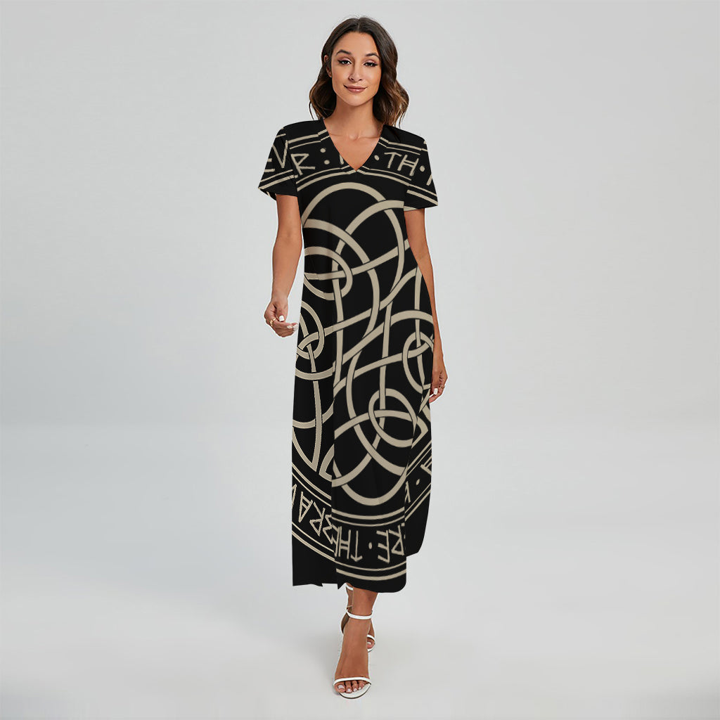 Scandinavian Viking Symbol Print Short Sleeve Maxi Dress