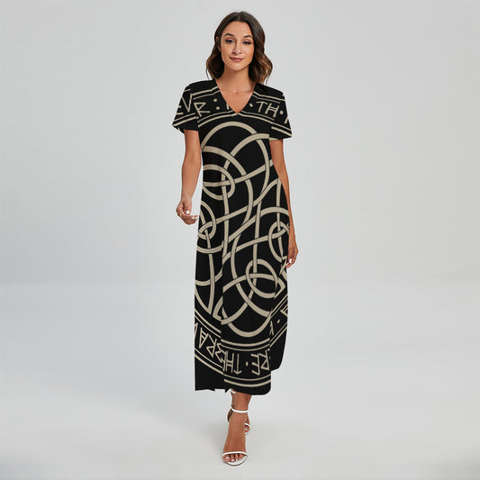 Scandinavian Viking Symbol Print Short Sleeve Maxi Dress