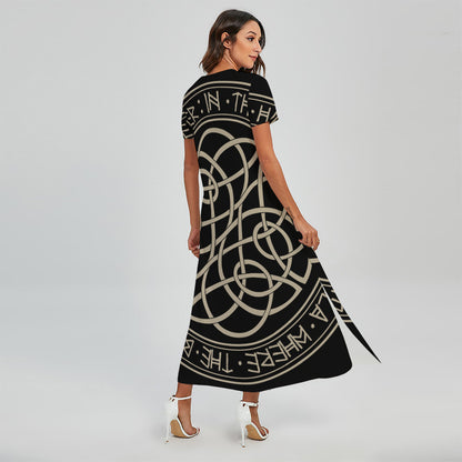 Scandinavian Viking Symbol Print Short Sleeve Maxi Dress