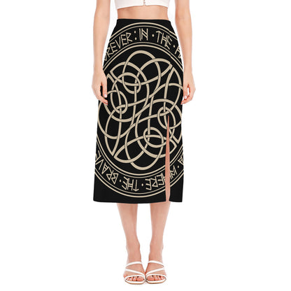 Scandinavian Viking Symbol Print Side Slit Midi Skirt