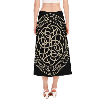 Scandinavian Viking Symbol Print Side Slit Midi Skirt
