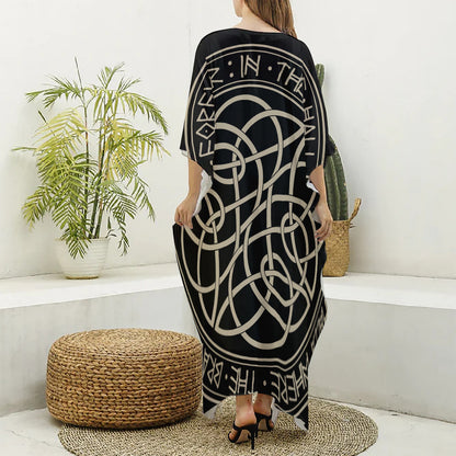Scandinavian Viking Symbol Print Silk V-Neck Kaftan Dress