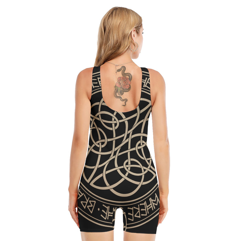 Scandinavian Viking Symbol Print Sleeveless One Piece Swimsuit