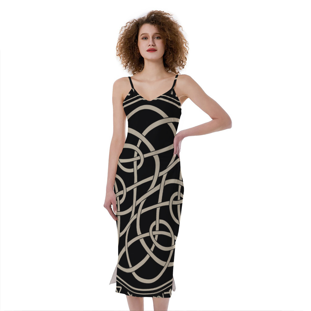 Scandinavian Viking Symbol Print Slim Fit Midi Cami Dress
