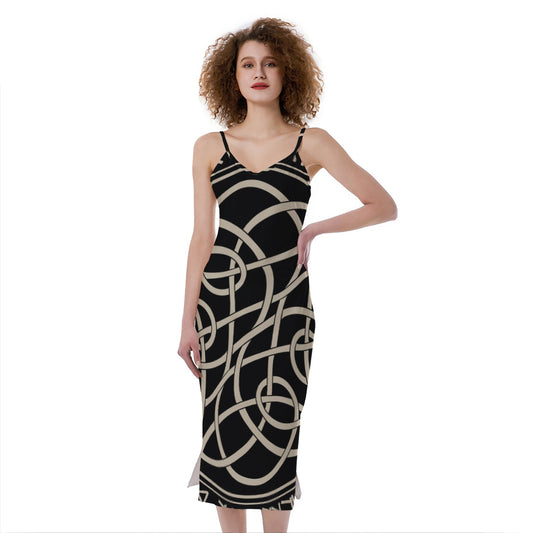 Scandinavian Viking Symbol Print Slim Fit Midi Cami Dress