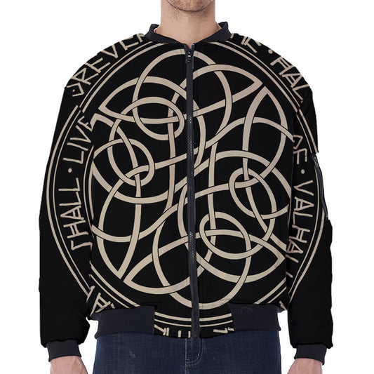 Scandinavian Viking Symbol Print Zip Sleeve Bomber Jacket