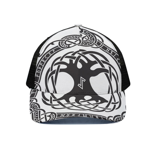 Scandinavian Yggdrasil Print Black Mesh Trucker Cap