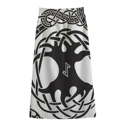 Scandinavian Yggdrasil Print Cotton Front Slit Maxi Skirt