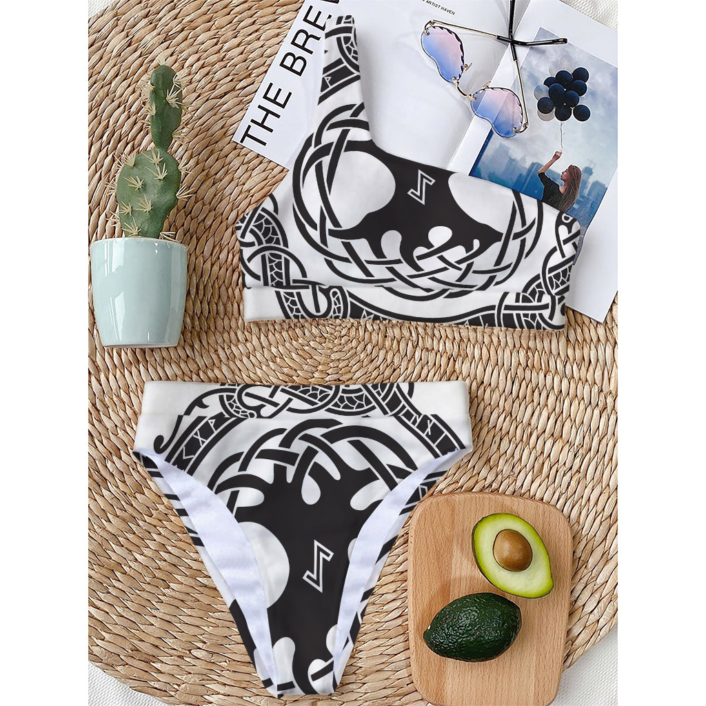 Scandinavian Yggdrasil Print One Shoulder Bikini Top