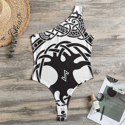 Scandinavian Yggdrasil Print One Shoulder Bodysuit