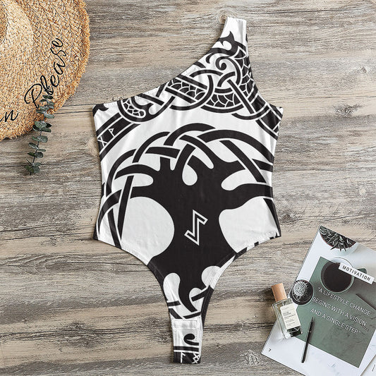 Scandinavian Yggdrasil Print One Shoulder Bodysuit