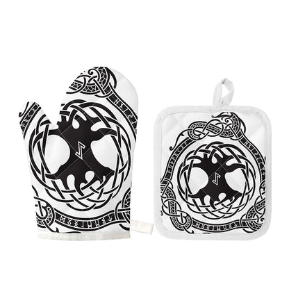 Scandinavian Yggdrasil Print Oven Mitt And Pot Holder Set