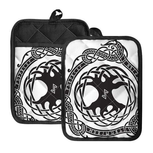 Scandinavian Yggdrasil Print Pot Holders With Pocket
