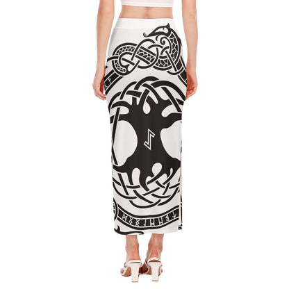 Scandinavian Yggdrasil Print Side Slit Maxi Skirt