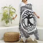 Scandinavian Yggdrasil Print Silk V-Neck Kaftan Dress