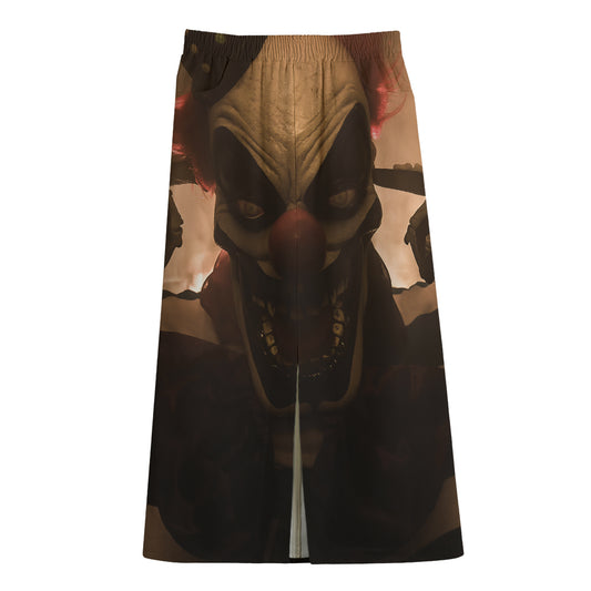 Scary Clown Print Cotton Front Slit Maxi Skirt