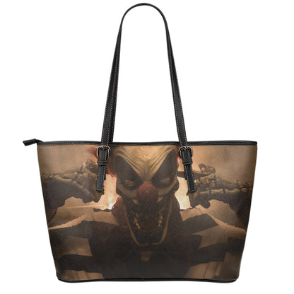 Scary Clown Print Leather Tote Bag
