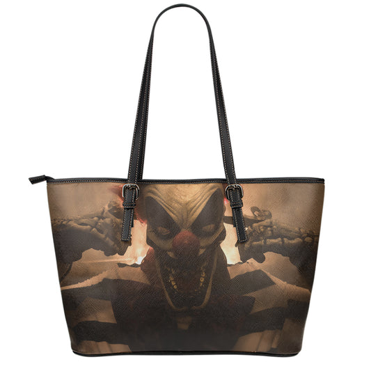 Scary Clown Print Leather Tote Bag