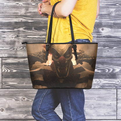 Scary Clown Print Leather Tote Bag