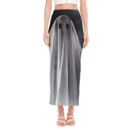 Scary Ghost 3D Print Side Slit Maxi Skirt