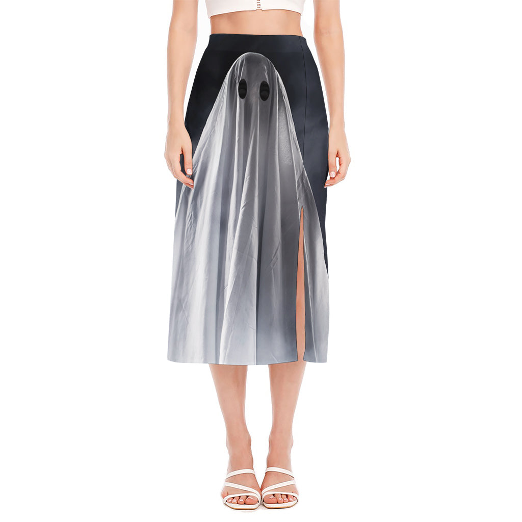 Scary Ghost 3D Print Side Slit Midi Skirt
