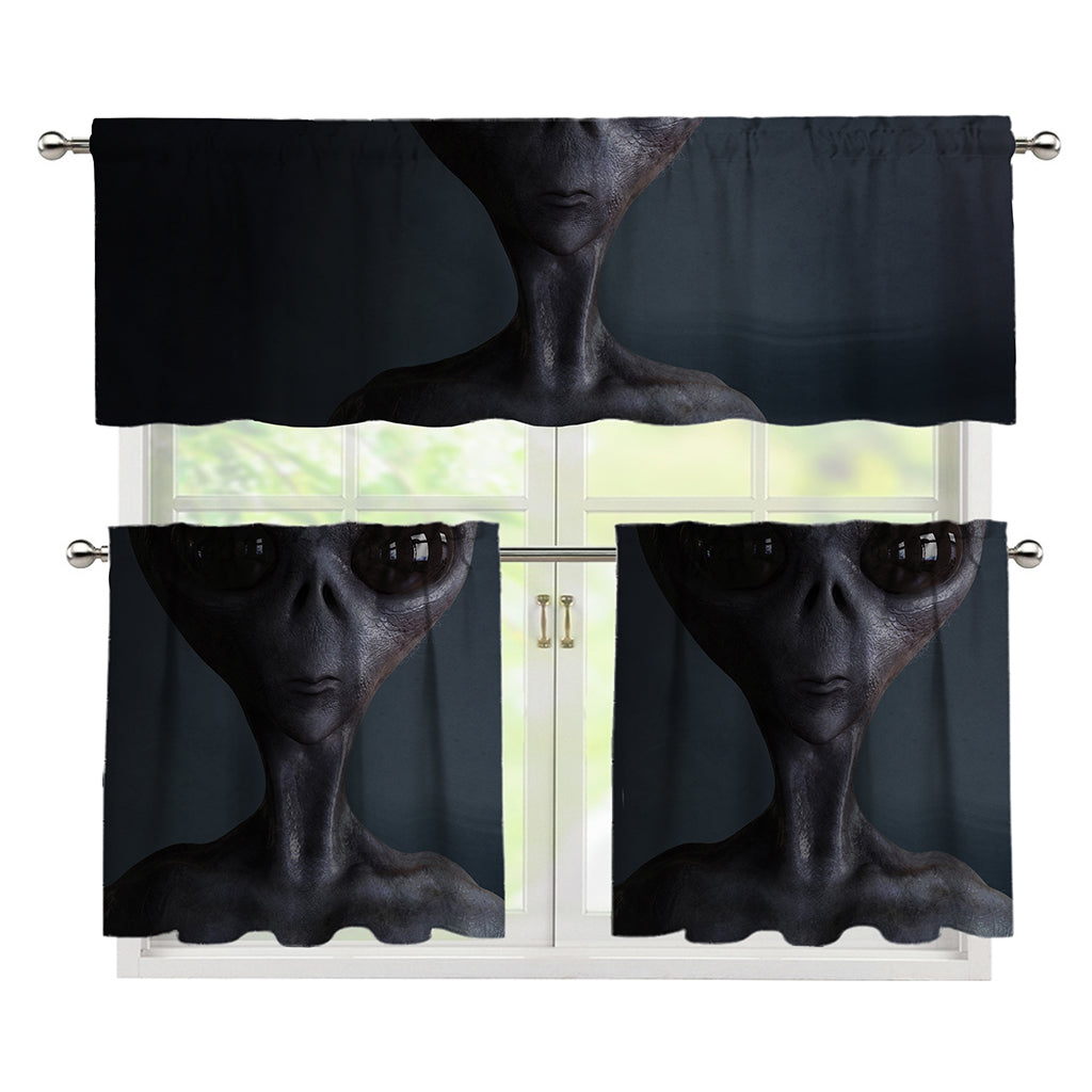 Scary Grey Alien 3D Print 3 Piece Kitchen Curtains