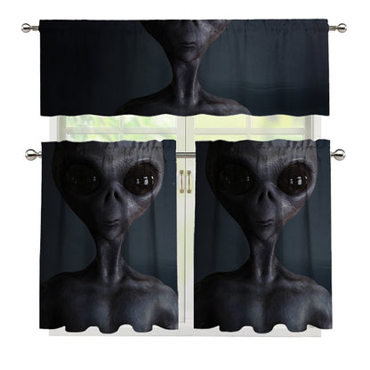Scary Grey Alien 3D Print 3 Piece Kitchen Curtains