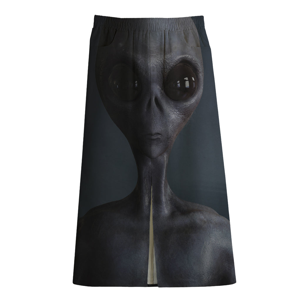 Scary Grey Alien 3D Print Cotton Front Slit Maxi Skirt