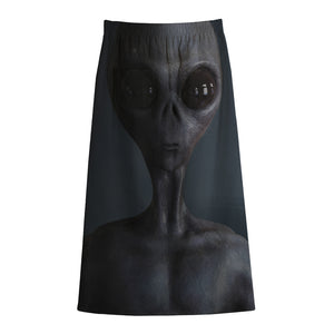 Scary Grey Alien 3D Print Cotton Front Slit Maxi Skirt