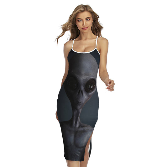 Scary Grey Alien 3D Print Cross Back Cami Dress