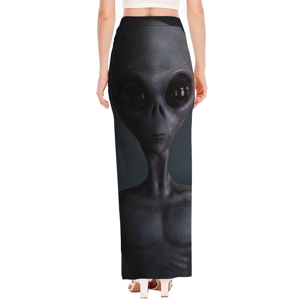 Scary Grey Alien 3D Print High Slit Maxi Skirt