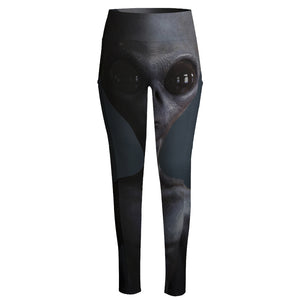 Scary Grey Alien 3D Print High-Waisted Pocket Leggings