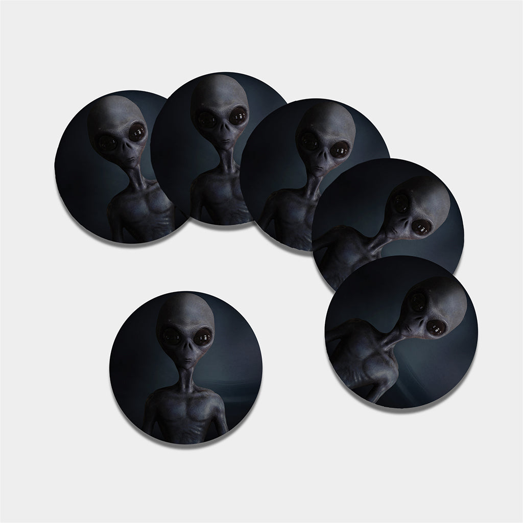 Scary Grey Alien 3D Print Leather Coaster Set