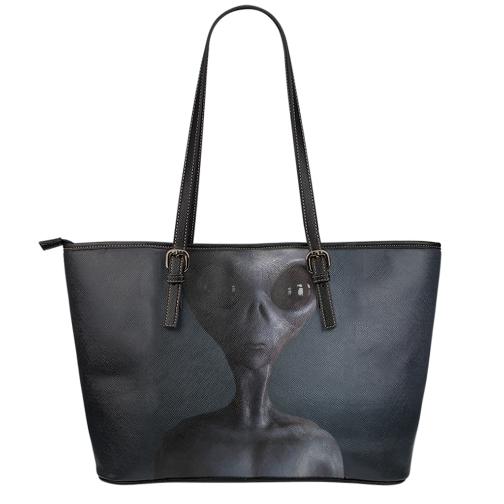 Scary Grey Alien 3D Print Leather Tote Bag