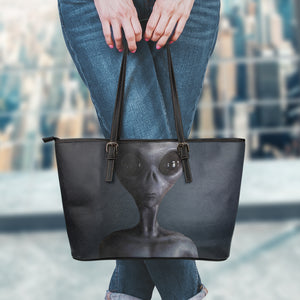 Scary Grey Alien 3D Print Leather Tote Bag